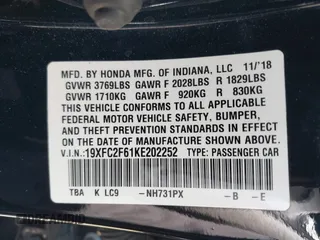 2019 Honda Civic Sedan LX with VIN 19XFC2F61KE202252, listed as a IAAI auction lot 42139362 with 37,128 mi miles. Bid and sale history available at carsss.com. Image 9.