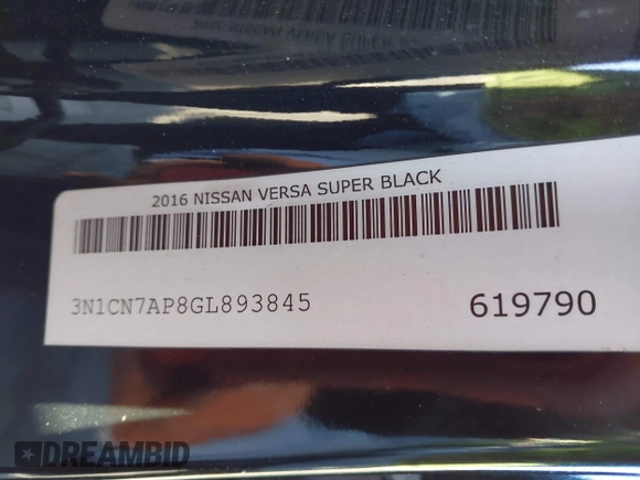 2016 Nissan Versa S Plus with VIN 3N1CN7AP8GL893845, listed as a IAAI auction lot 41390431 with Not Provided miles. Bid and sale history available at carsss.com. Image 9.