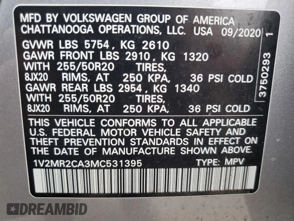 2021 Volkswagen Atlas SE with VIN 1V2MR2CA3MC531395, listed as a Copart auction lot 44148125 with Not provided miles and Salvage title. Bid and sale history available at DreamBid. Image 14.