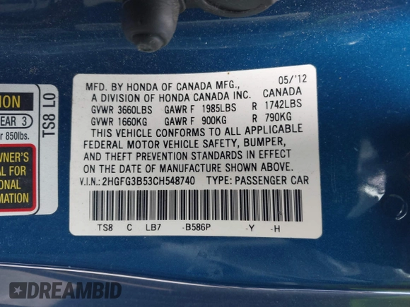 2012 Honda Civic Cpe LX with VIN 2HGFG3B53CH548740, listed as a IAAI auction lot 42039835 with 175,246 mi miles. Bid and sale history available at carsss.com. Image 9.