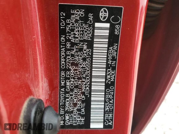 2013 Toyota Prius One with VIN JTDKN3DU3D5555123, listed as a Copart auction lot 50601635 with 206,210 mi miles and Salvage Title. Bid and sale history available at carsss.com. Image 14.