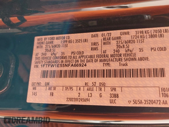 2022 Ford F-150 XL with VIN 1FTFW1E55NFA66924, listed as a IAAI auction lot 41798490 with 45,391 mi miles and . Bid and sale history available at DreamBid. Image 9.