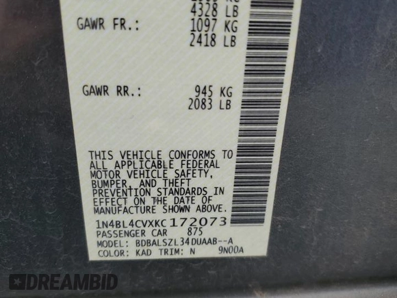 2019 Nissan Altima 2.5 SR with VIN 1N4BL4CVXKC172073, listed as a Copart auction lot 49119175 with 131,702 mi miles and Salvage Title. Bid and sale history available at carsss.com. Image 14.