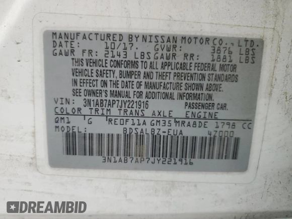 2018 Nissan Sentra S with VIN 3N1AB7AP7JY221916, listed as a Copart auction lot 55663295 with 107,886 mi miles and Salvage Title. Bid and sale history available at DreamBid. Image 12.