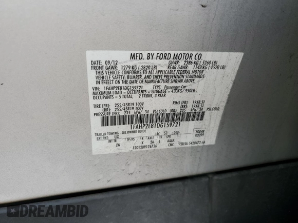 2013 Ford Taurus SEL with VIN 1FAHP2E81DG159721, listed as a Copart auction lot 52616535 with 136,677 mi miles and Salvage Title. Bid and sale history available at carsss.com. Image 12.