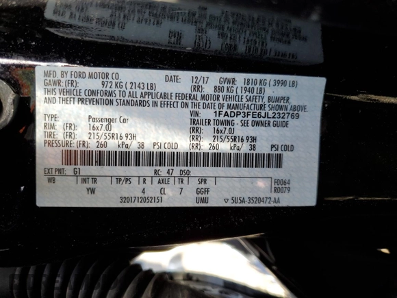 2018 Ford Focus SE z VIN 1FADP3FE6JL232769, wystawiony jako Copart lot #87667595 z przebiegiem 124 496 mil mil oraz Szkoda całkowita • Salvage title. Historia ofert i sprzedaży dostępna na DreamBid. Obrazek 14.
