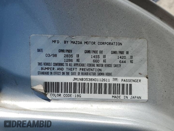 1999 Mazda MX-5 Miata z VIN JM1NB3538X0112611, wystawiony jako Copart lot #54732095 z przebiegiem 173 763 mil mil oraz Szkoda całkowita • Salvage title. Historia ofert i sprzedaży dostępna na DreamBid. Obrazek 12.