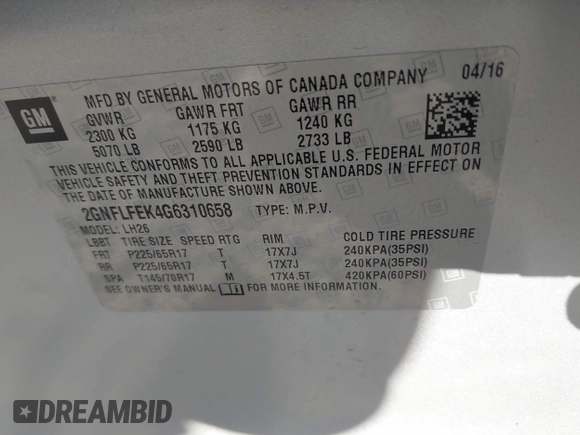 2016 Chevrolet Equinox LT with VIN 2GNFLFEK4G6310658, listed as a IAAI auction lot 41877726 with 83,897 mi miles and . Bid and sale history available at carsss.com. Image 9.