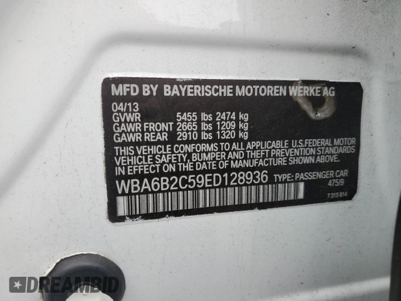 2014 BMW 6 Series 650i z VIN WBA6B2C59ED128936, wystawiony jako Copart lot #46409685 z przebiegiem 53 208 mil mil oraz Szkoda całkowita • Salvage title. Historia ofert i sprzedaży dostępna na DreamBid. Obrazek 12.