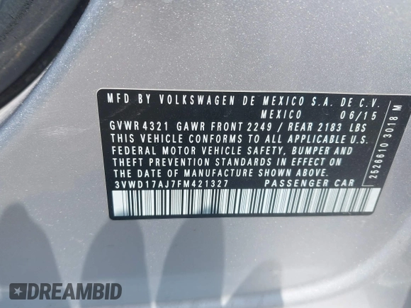 2015 Volkswagen Jetta SE with VIN 3VWD17AJ7FM421327, listed as a IAAI auction lot 42409413 with 150,319 mi miles and . Bid and sale history available at DreamBid. Image 9.
