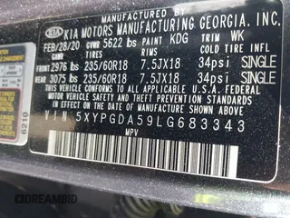 2020 Kia Sorento LX with VIN 5XYPGDA59LG683343, listed as a IAAI auction lot 41827929 with 103,222 mi miles and . Bid and sale history available at carsss.com. Image 9.