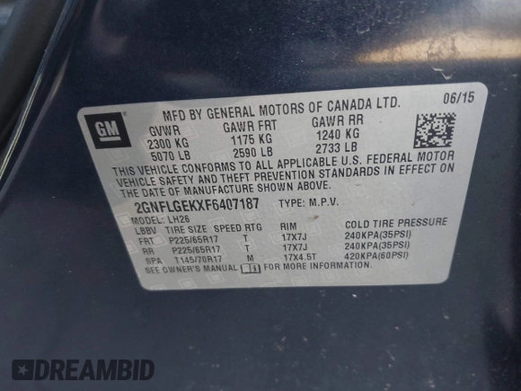 2015 Chevrolet Equinox LT with VIN 2GNFLGEKXF6407187, listed as a IAAI auction lot 42081163 with 92,945 mi miles. Bid and sale history available at carsss.com. Image 9.