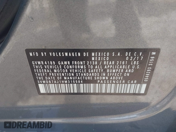 2017 Volkswagen Jetta SE with VIN 3VWDB7AJ1HM315584, listed as a IAAI auction lot 42481303 with 113,301 mi miles and . Bid and sale history available at DreamBid. Image 9.