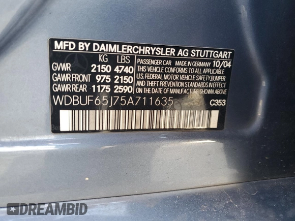 2005 Mercedes-Benz E-Class 3.2L with VIN WDBUF65J75A711635, listed as a Copart auction lot 85934874 with 202,507 mi miles and Salvage Title. Bid and sale history available at carsss.com. Image 13.