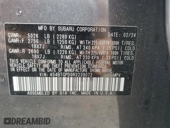 2024 Subaru Outback Touring XT with VIN 4S4BTGPD0R3239072, listed as a Copart auction lot 57814745 with 21,456 mi miles and Non repairable. Bid and sale history available at DreamBid. Image 13.