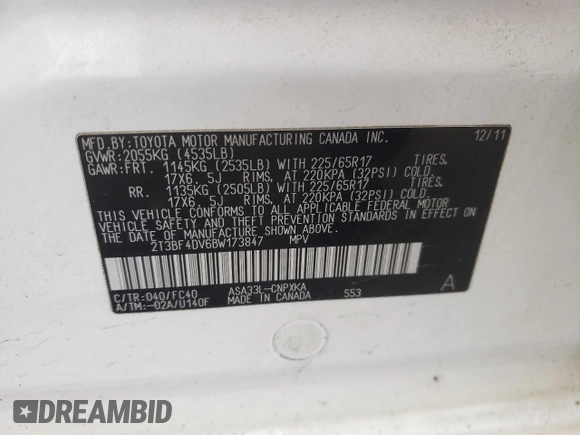 2011 Toyota RAV4 with VIN 2T3BF4DV6BW173847, listed as a Copart auction lot 50712675 with 178,322 mi miles and Salvage Title. Bid and sale history available at DreamBid. Image 13.