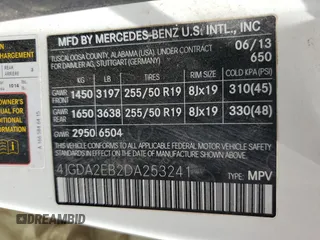 2013 Mercedes-Benz M 350 with VIN 4JGDA2EB2DA253241, listed as a Copart auction lot 52576005 with 139,906 mi miles and Salvage Title. Bid and sale history available at carsss.com. Image 12.