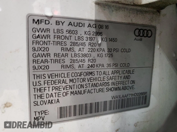 2017 Audi Q7 Premium Plus with VIN WA1LAAF71HD026691, listed as a Copart auction lot 55519725 with 128,047 mi miles and Clean Title. Bid and sale history available at DreamBid. Image 14.