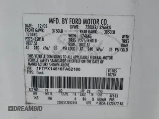 2006 Ford F-150 XLT with VIN 1FTPX14516FA62180, listed as a Copart auction lot 57464285 with 243,375 mi miles and Clean title. Bid and sale history available at DreamBid. Image 12.