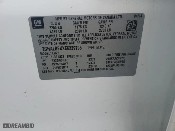 2014 Chevrolet Equinox LT with VIN 2GNALBEKXE6329795, listed as a Copart auction lot 54160055 with 157,143 mi miles and Clean Title. Bid and sale history available at carsss.com. Image 13.