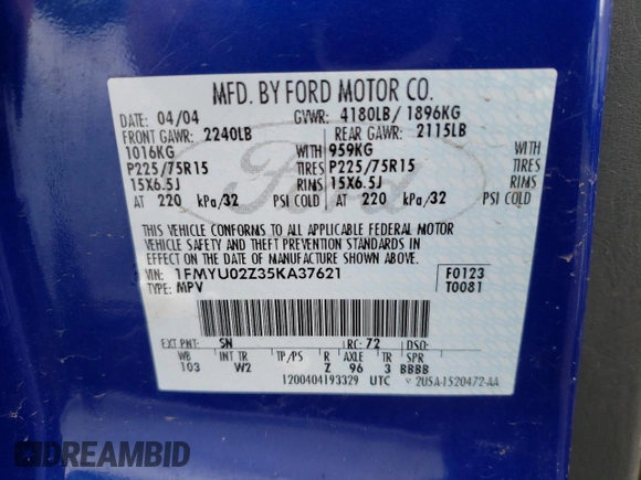 2005 Ford Escape XLS Value с VIN 1FMYU02Z35KA37621, выставлен на аукционе Copart как лот 44817004 с пробегом Не указан миль и Списание • Salvage title. История ставок и продаж доступна на DreamBid. Изображение 13.