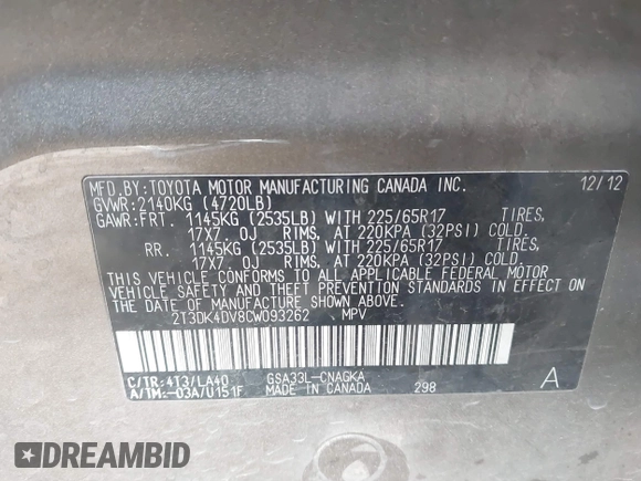2012 Toyota RAV4 Limited with VIN 2T3DK4DV8CW093262, listed as a IAAI auction lot 41725623 with 157,279 mi miles. Bid and sale history available at carsss.com. Image 9.