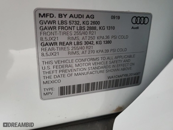 2020 Audi SQ5 Prestige with VIN WA1C4AFY8L2014087, listed as a Copart auction lot 78138314 with 0 mi miles and Salvage Title. Bid and sale history available at carsss.com. Image 12.