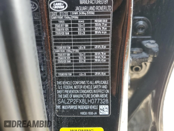 2020 Land Rover Range Rover Evoque SE с VIN SALZP2FX8LH077328, выставлен на аукционе Copart как лот 60657485 с пробегом 97 220 миль миль и Чистый • Clean title. История ставок и продаж доступна на DreamBid. Изображение 13.