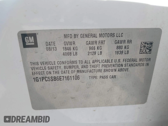 2014 Chevrolet Cruze 1LT with VIN 1G1PC5SB6E7161106, listed as a IAAI auction lot 41655726 with 118,161 mi miles and . Bid and sale history available at DreamBid. Image 9.