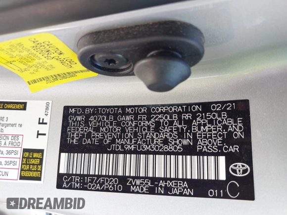 2021 Toyota Prius LE z VIN JTDL9MFU3M3028805, wystawiony jako IAAI lot #42043610 z przebiegiem 26 436 mil mil oraz . Historia ofert i sprzedaży dostępna na DreamBid. Obrazek 9.