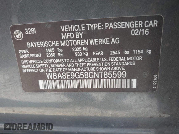 2016 BMW 3 Series 328i with VIN WBA8E9G58GNT85599, listed as a IAAI auction lot 42495494 with 147,275 mi miles and . Bid and sale history available at DreamBid. Image 9.