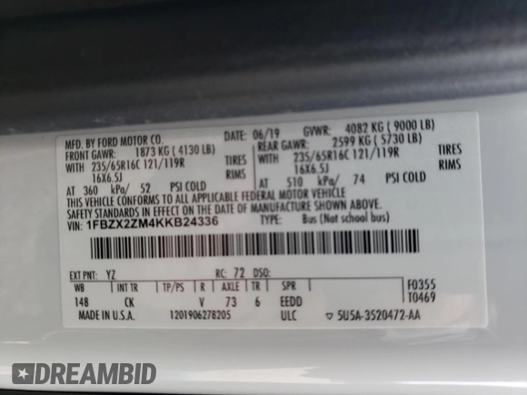2019 Ford Transit Passenger XL z VIN 1FBZX2ZM4KKB24336, wystawiony jako Copart lot #49377135 z przebiegiem 58 994 mil mil oraz Szkody całkowita. Historia ofert i sprzedaży dostępna na DreamBid. Obrazek 13.