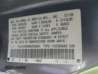 2008 Acura TL Type-S with VIN 19UUA76598A052681, listed as a IAAI auction lot 41790824 with 129,401 mi miles. Bid and sale history available at carsss.com. Image 9.