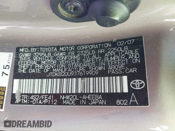 2007 Toyota Prius with VIN JTDKB20U977619909, listed as a IAAI auction lot 41829445 with 113,136 mi miles and . Bid and sale history available at carsss.com. Image 9.