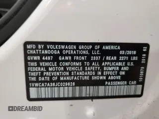 2018 Volkswagen Passat SEL Premium z VIN 1VWCA7A38JC029626, wystawiony jako Copart lot #52119595 z przebiegiem 63 342 mil mil oraz Nie do naprawy • Non repairable. Historia ofert i sprzedaży dostępna na DreamBid. Obrazek 12.