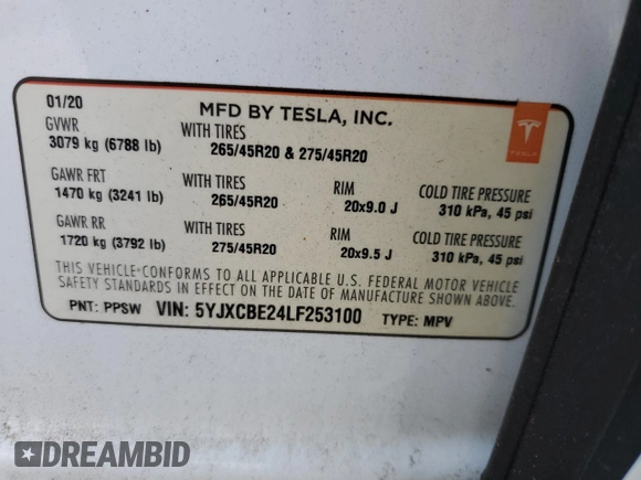 2020 Tesla Model X Long Range with VIN 5YJXCBE24LF253100, listed as a Copart auction lot 53601095 with Not Provided miles and Salvage Title. Bid and sale history available at carsss.com. Image 13.
