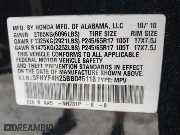 2011 Honda Pilot LX with VIN 5FNYF4H25BB046118, listed as a IAAI auction lot 42350486 with 357,025 mi miles and . Bid and sale history available at DreamBid. Image 9.