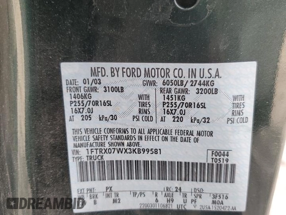2003 Ford F-150 XL with VIN 1FTRX07WX3KB99581, listed as a Copart auction lot 56907765 with 232,597 mi miles and Salvage title. Bid and sale history available at DreamBid. Image 12.