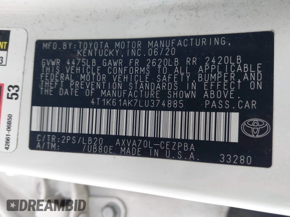 2020 Toyota Camry XSE with VIN 4T1K61AK7LU374885, listed as a IAAI auction lot 41579252 with 85,750 mi miles and . Bid and sale history available at DreamBid. Image 9.