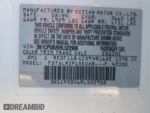 2024 Nissan Kicks S with VIN 3N1CP5BV6RL522908, listed as a Copart auction lot 49353005 with 2,034 mi miles and Salvage Title. Bid and sale history available at carsss.com. Image 13.