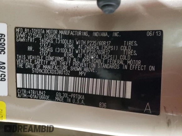 2013 Toyota Sienna XLE AAS with VIN 5TDYK3DCXDS380132, listed as a Copart auction lot 42227465 with 195,600 mi miles and Salvage Title. Bid and sale history available at carsss.com. Image 15.