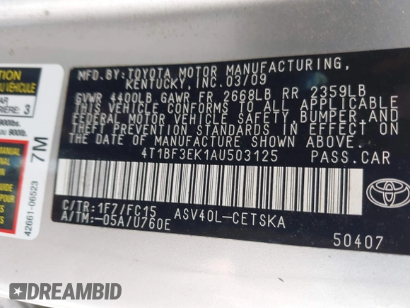 2010 Toyota Camry with VIN 4T1BF3EK1AU503125, listed as a IAAI auction lot 42094863 with 282,465 mi miles and . Bid and sale history available at DreamBid. Image 9.