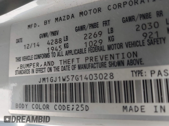 2016 Mazda 6 i Grand Touring with VIN JM1GJ1W57G1403028, listed as a IAAI auction lot 41591235 with 110,079 mi miles and . Bid and sale history available at carsss.com. Image 9.