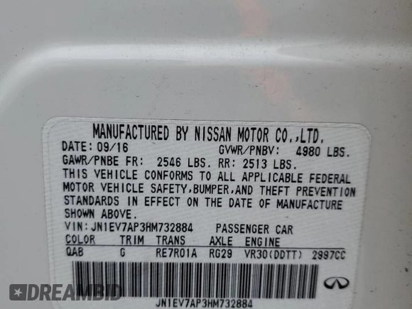 2017 Infiniti Q50 Premium with VIN JN1EV7AP3HM732884, listed as a Copart auction lot 60314675 with 75,597 mi miles and Salvage title. Bid and sale history available at DreamBid. Image 12.