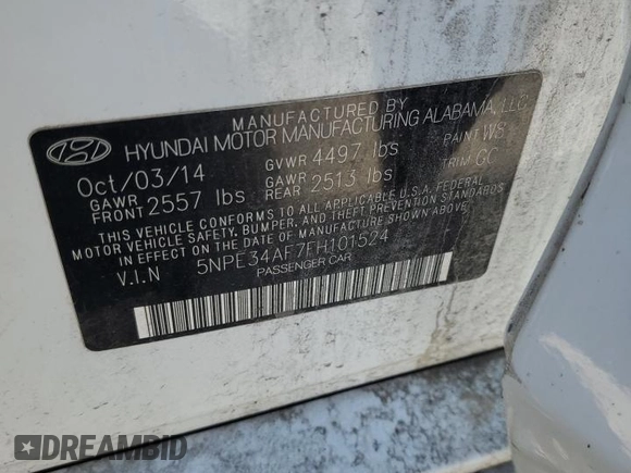 2015 Hyundai Sonata Limited with VIN 5NPE34AF7FH101524, listed as a Copart auction lot 52241465 with 136,586 mi miles and Salvage Title. Bid and sale history available at DreamBid. Image 12.