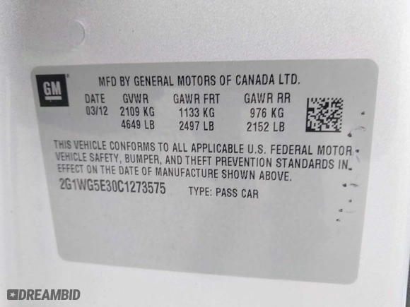 2012 Chevrolet Impala LT Fleet with VIN 2G1WG5E30C1273575, listed as a IAAI auction lot 40945644 with 85,136 mi miles. Bid and sale history available at carsss.com. Image 9.