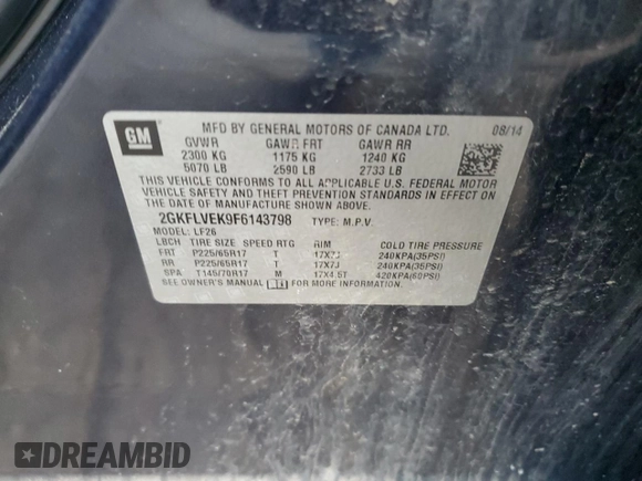 2015 GMC Terrain SLE with VIN 2GKFLVEK9F6143798, listed as a Copart auction lot 63511265 with 195,179 mi miles and Clean title. Bid and sale history available at DreamBid. Image 12.