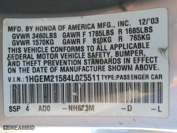2004 Honda Civic LX with VIN 1HGEM21584L025511, listed as a Copart auction lot 73437184 with 155,461 mi miles and Salvage Title. Bid and sale history available at carsss.com. Image 14.