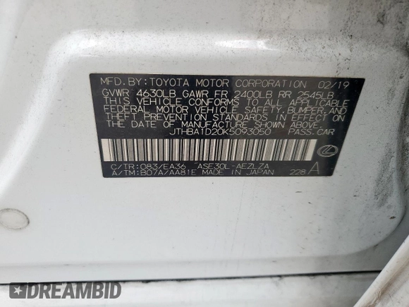 2019 Lexus IS 300 z VIN JTHBA1D20K5093050, wystawiony jako Copart lot #59105365 z przebiegiem 121 666 mil mil oraz Szkoda całkowita • Salvage title. Historia ofert i sprzedaży dostępna na DreamBid. Obrazek 12.