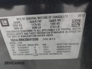 2013 GMC Terrain SLE with VIN 2GKALMEK3D6410368, listed as a IAAI auction lot 42330639 with 106,466 mi miles and . Bid and sale history available at DreamBid. Image 9.